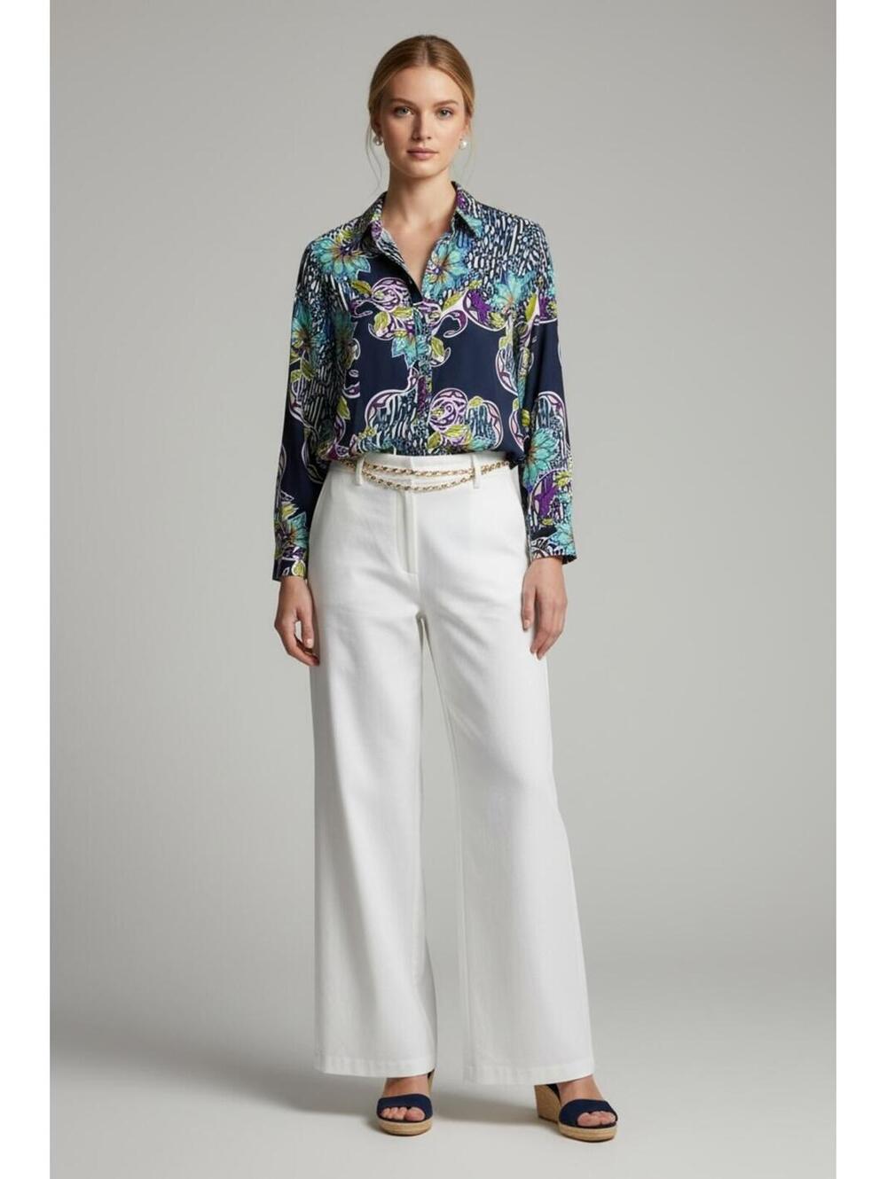 Chico's No-Iron Cotton Button-Down Blouse, Mod Floral Mix Print, Size 2 (US 12)